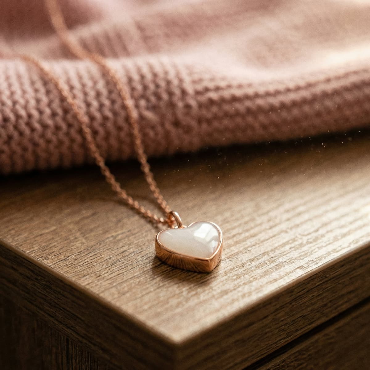 Rose-gold heart-shaped breastmilk keepsake necklace displayed on a wooden box, illustrating the finished jewelry you can create with a breastmilk necklace making kit.