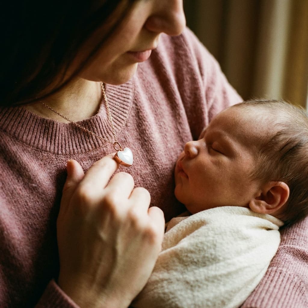 Mother cradling a sleeping newborn and touching a heart-shaped keepsake pendant, showing why a breastmilk necklace making kit is a meaningful DIY way to create a personal memento at home.
