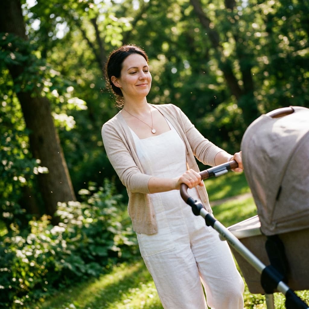 Mother pushing a stroller in a sunny park while wearing a simple pendant necklace made with a breastmilk necklaces diy kit