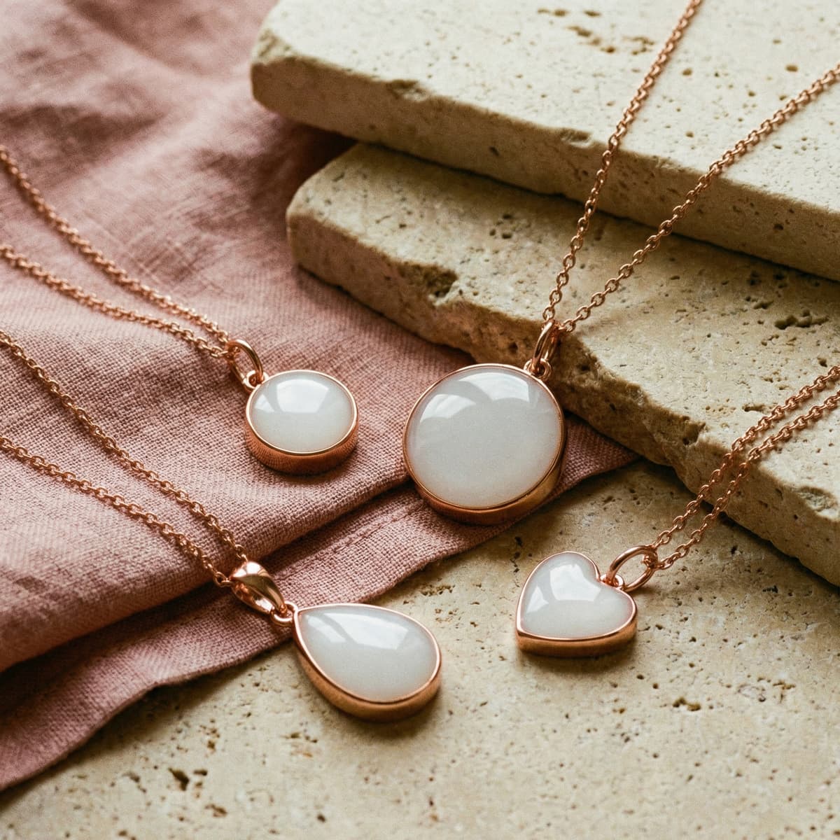 Rose-gold resin pendants with milky white stones in round, teardrop, and heart shapes on linen and stone, showcasing a breastmilk necklaces diy making kit for keepsake jewelry making.