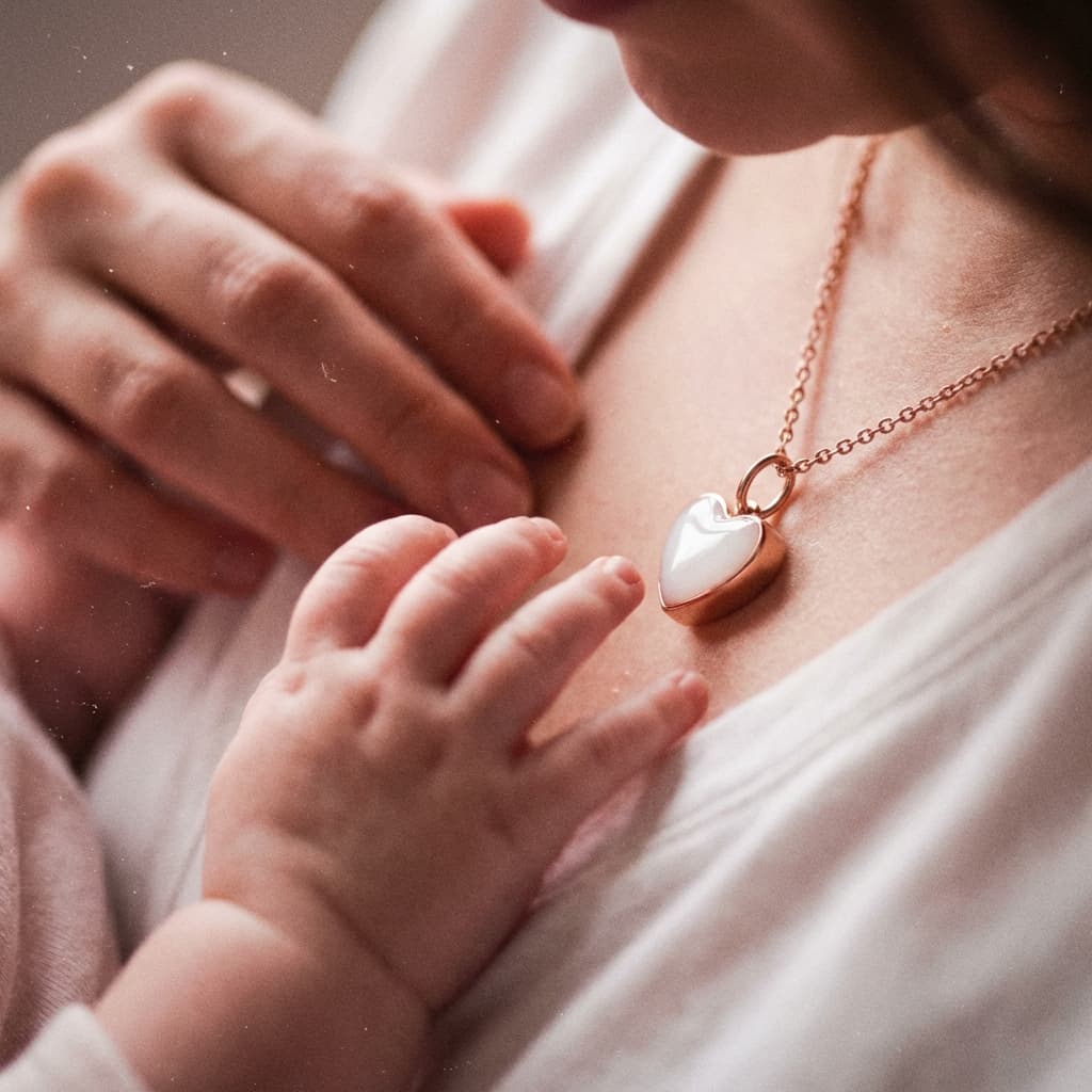 Mother wearing a rose-gold heart pendant breastmilk keepsake necklace made with a breastmilk necklaces diy making kit, shown as sentimental jewelry created at home.