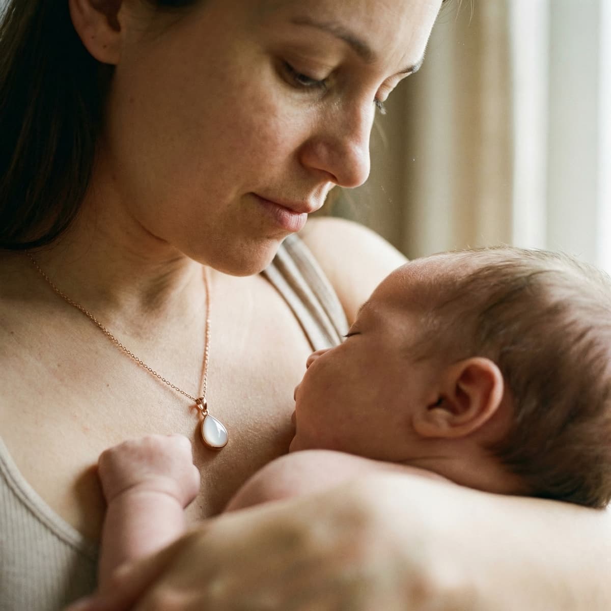 Mother cuddling her newborn while wearing a teardrop keepsake pendant, showing why a breastmilk necklaces making kit is an easy, private way to create a meaningful at-home memory piece.