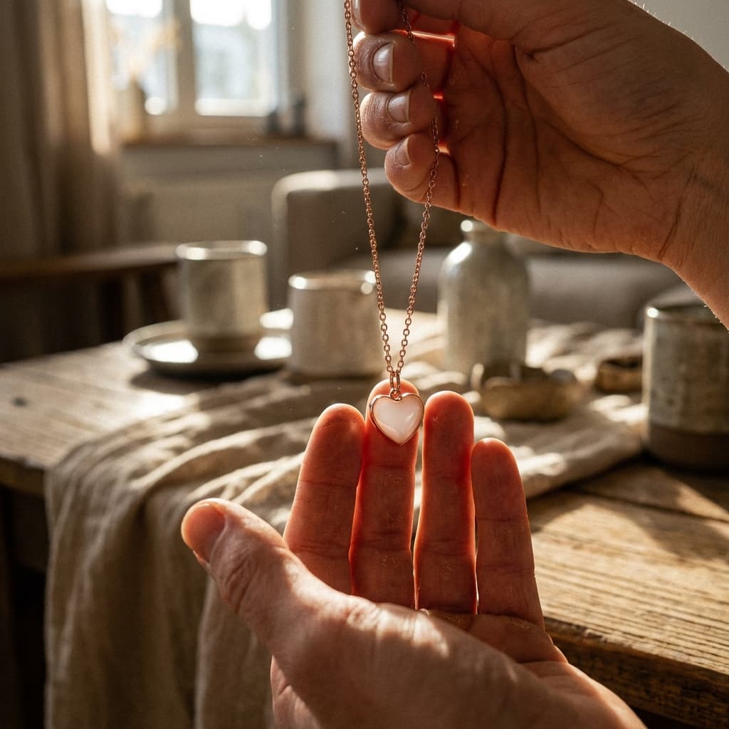 Hands hold a heart-shaped pendant necklace on a chain in warm natural light, showing how a breastmilk necklaces making kit can be used to create a sentimental DIY keepsake at home.