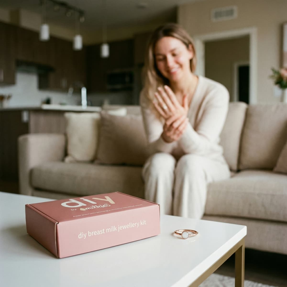 A MILKIES box on a coffee table with a finished ring, showing a mother at home using a diy breast milk jewellery kit to create a keepsake.
