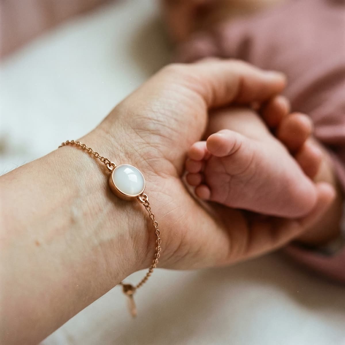 Mother holds baby’s feet while wearing a delicate gold chain bracelet with a milky white resin stone made with a diy breastmilk bracelet making kit, a sentimental keepsake jewelry piece.