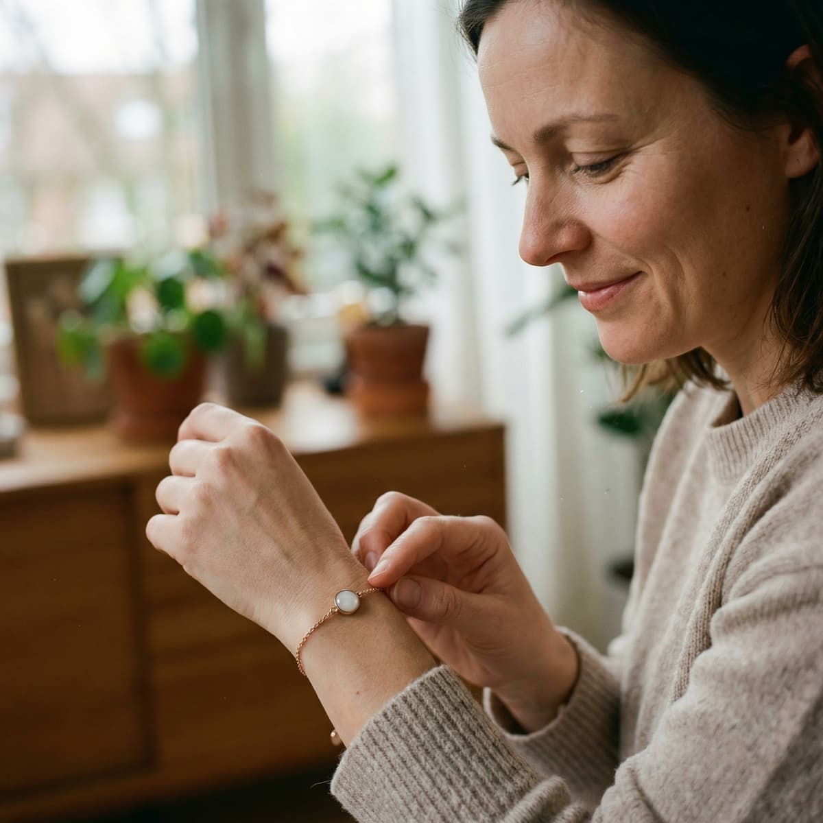 Mother fastening a delicate keepsake bracelet at home, showing why a diy breastmilk bracelet making kit offers a convenient, private way to create meaningful jewelry DIY keepsakes.