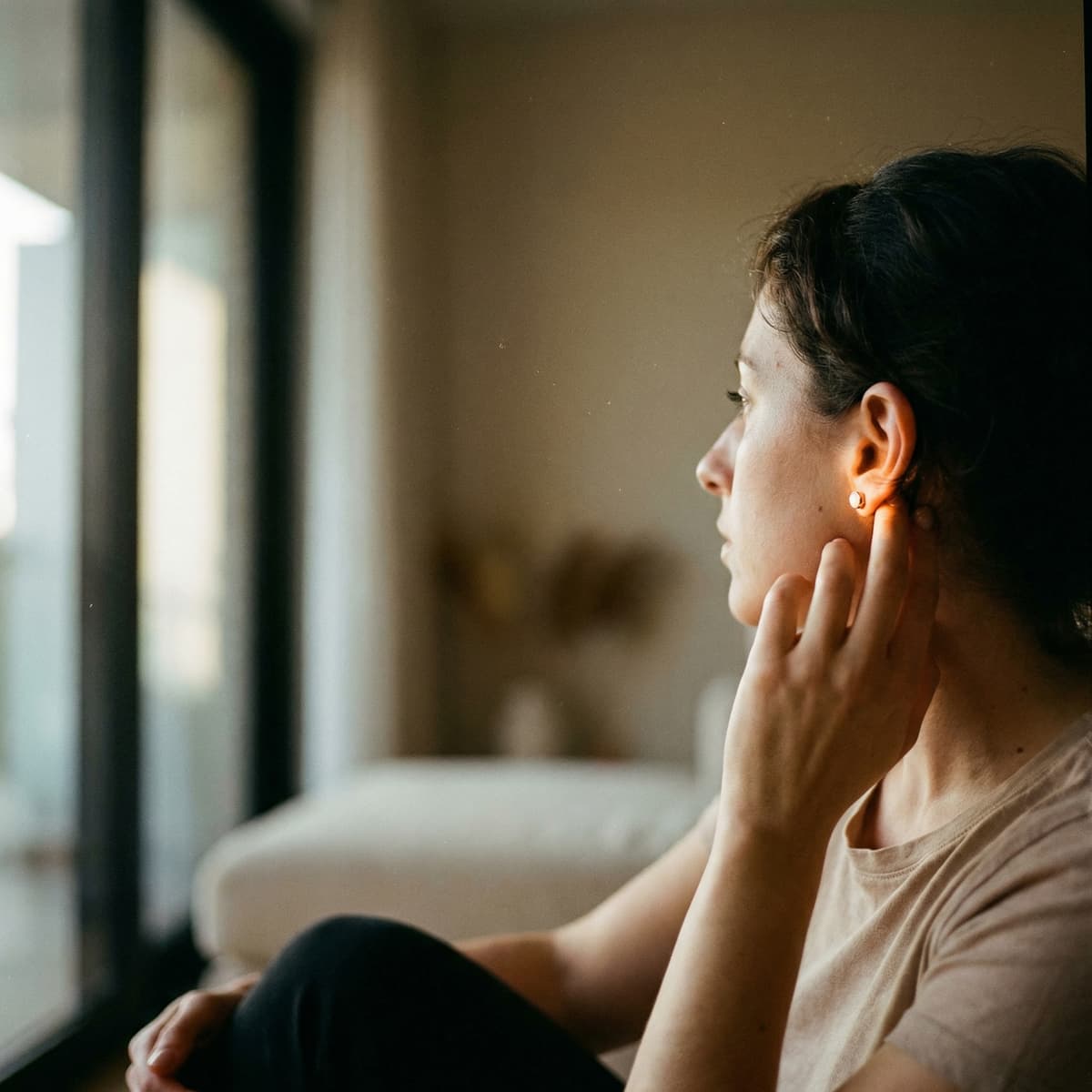 Woman sitting by a window wearing a small stud earring, showing finished keepsake jewelry made with a diy breastmilk earring making kit.