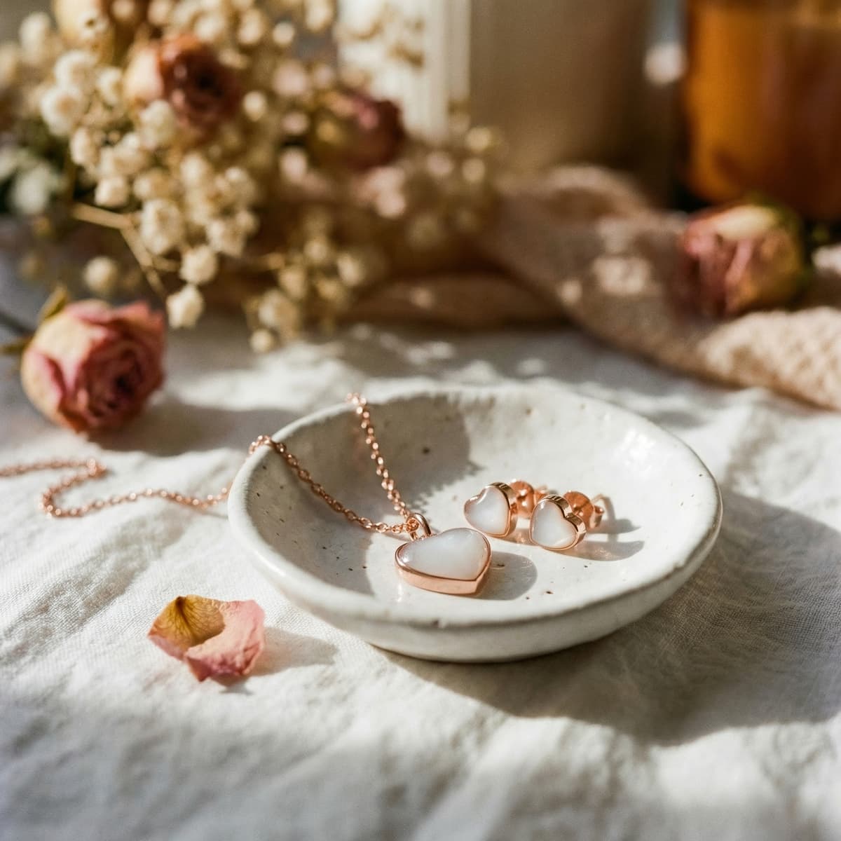 Heart-shaped necklace and matching stud earrings on a ceramic dish with dried roses in soft sunlight, showcasing a rose-gold style diy breastmilk jewellery kit keepsake set.