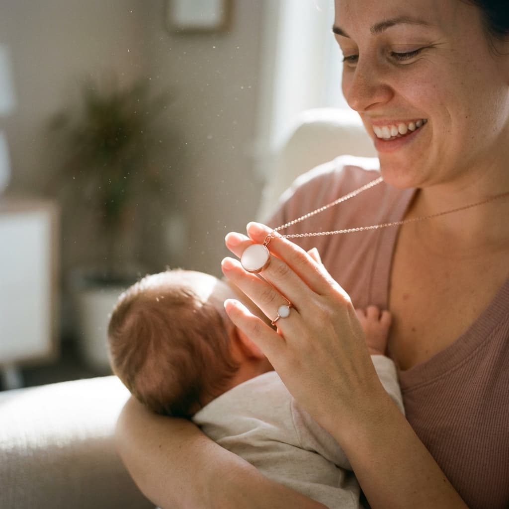 Smiling mother cuddles her baby in a sunlit home while holding a white keepsake necklace and ring made with a diy breastmilk jewellery kit.
