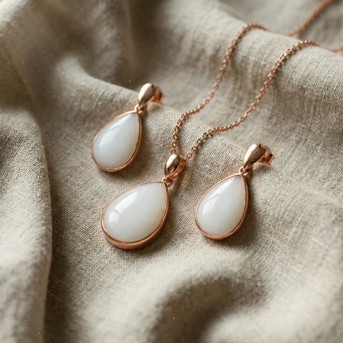 Rose gold teardrop pendant necklace and matching earrings with milky white resin stones, showcasing a diy breastmilk jewellery making kit keepsake set on soft beige fabric.