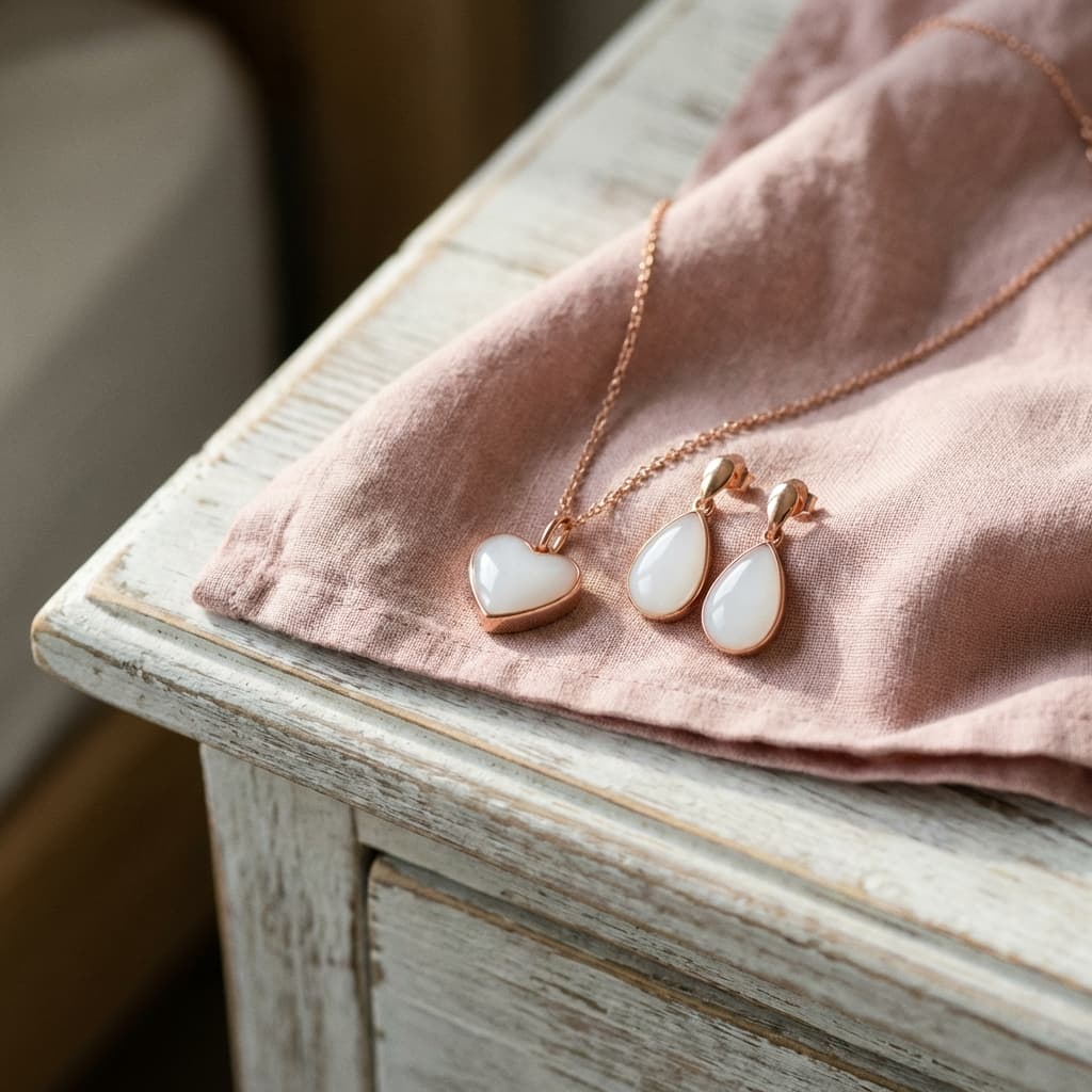 Rose gold heart pendant necklace and matching teardrop earrings with milky white resin stones made using a diy breastmilk jewellery making kit, displayed on soft pink fabric on a rustic wooden table.