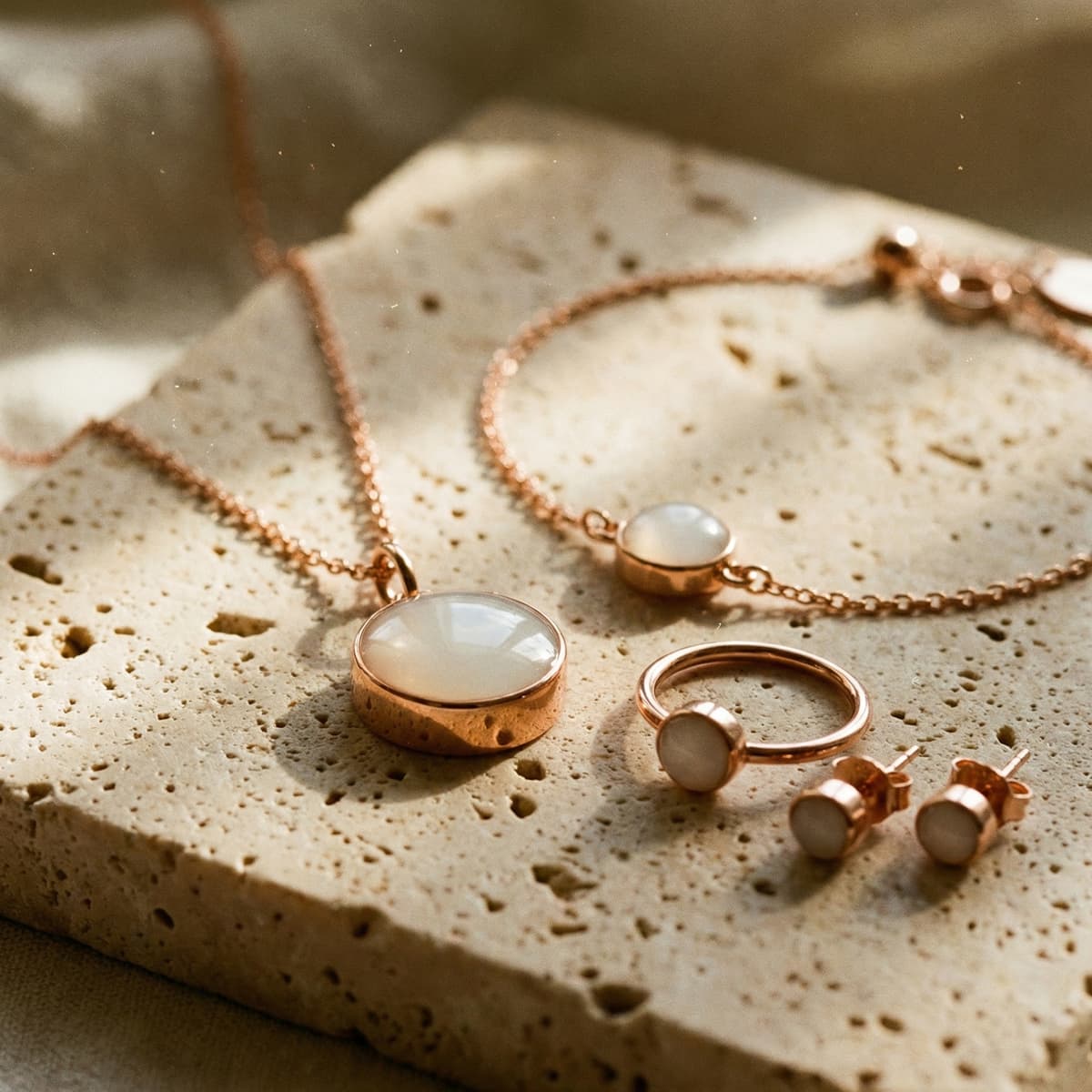 Rose-gold breastmilk keepsake necklace, bracelet, ring, and stud earrings displayed on a stone slab, made using a diy breastmilk jewellery making kit.