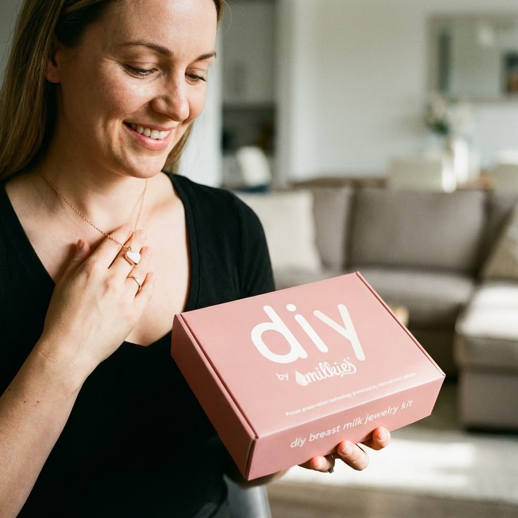 Smiling mom at home holding a pink DIY by MILKIES box, showing why a diy breastmilk jewellery making kit is an easy, private way to create a meaningful keepsake.