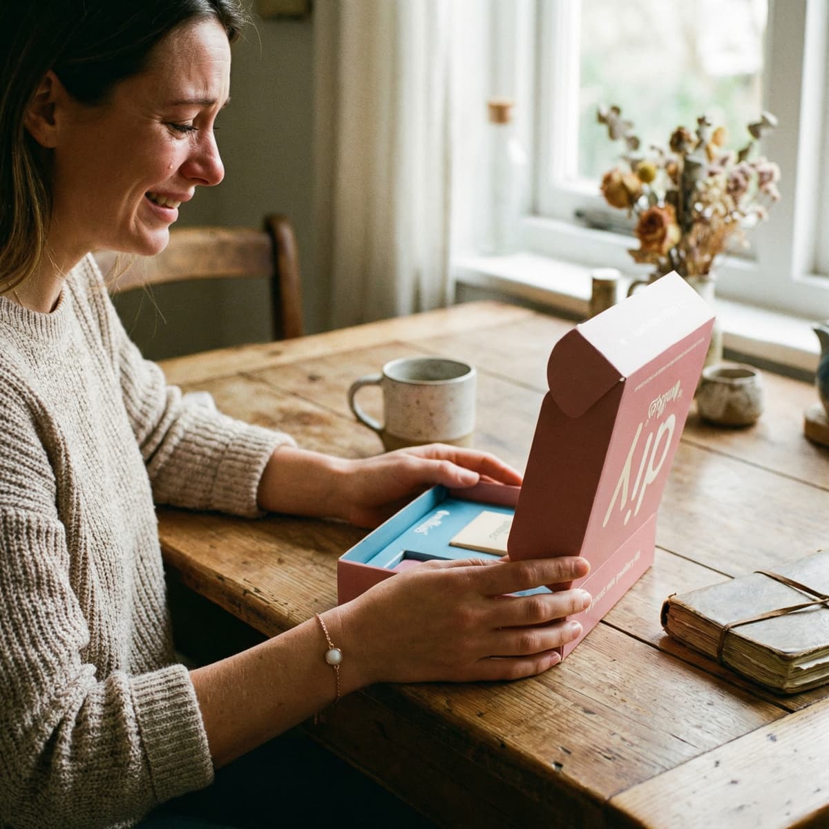 A mom opens a DIY by MILKIES diy breastmilk jewelry making kit at a wooden table by a window, revealing the at-home keepsake box and tools that make creating a private, meaningful memorial piece easy.