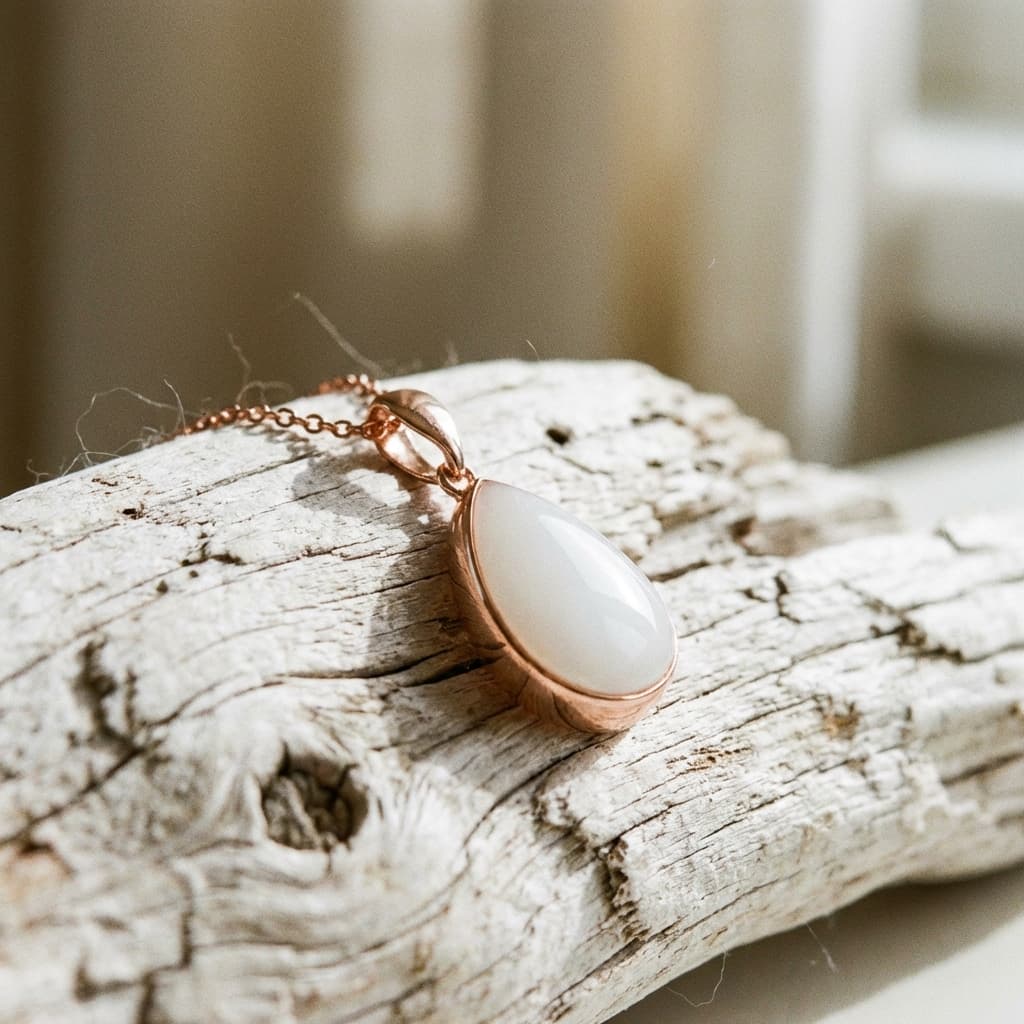 Rose gold teardrop pendant necklace with a milky white resin breastmilk stone, created using a diy breastmilk jewelry making kit, displayed on rustic driftwood in soft natural light.