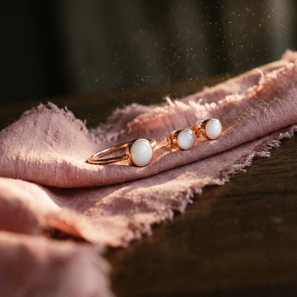 Gold breastmilk ring and matching stud earrings with milky white resin stones, showing results made using a diy breastmilk jewelry making kit on soft pink fabric in warm sunlight.