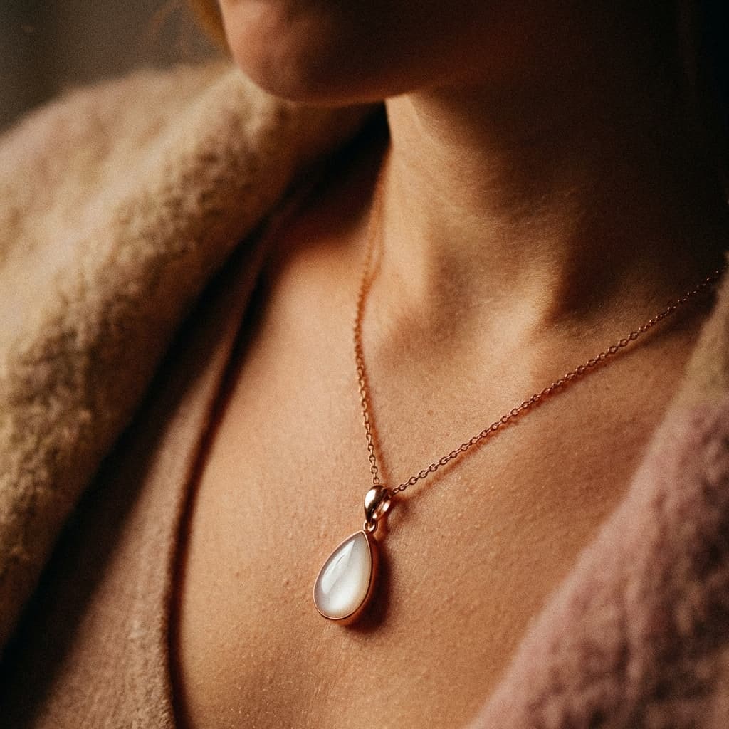Close-up of a woman wearing a rose gold teardrop pendant with a milky white keepsake stone, made using a diy breastmilk necklace making kit.