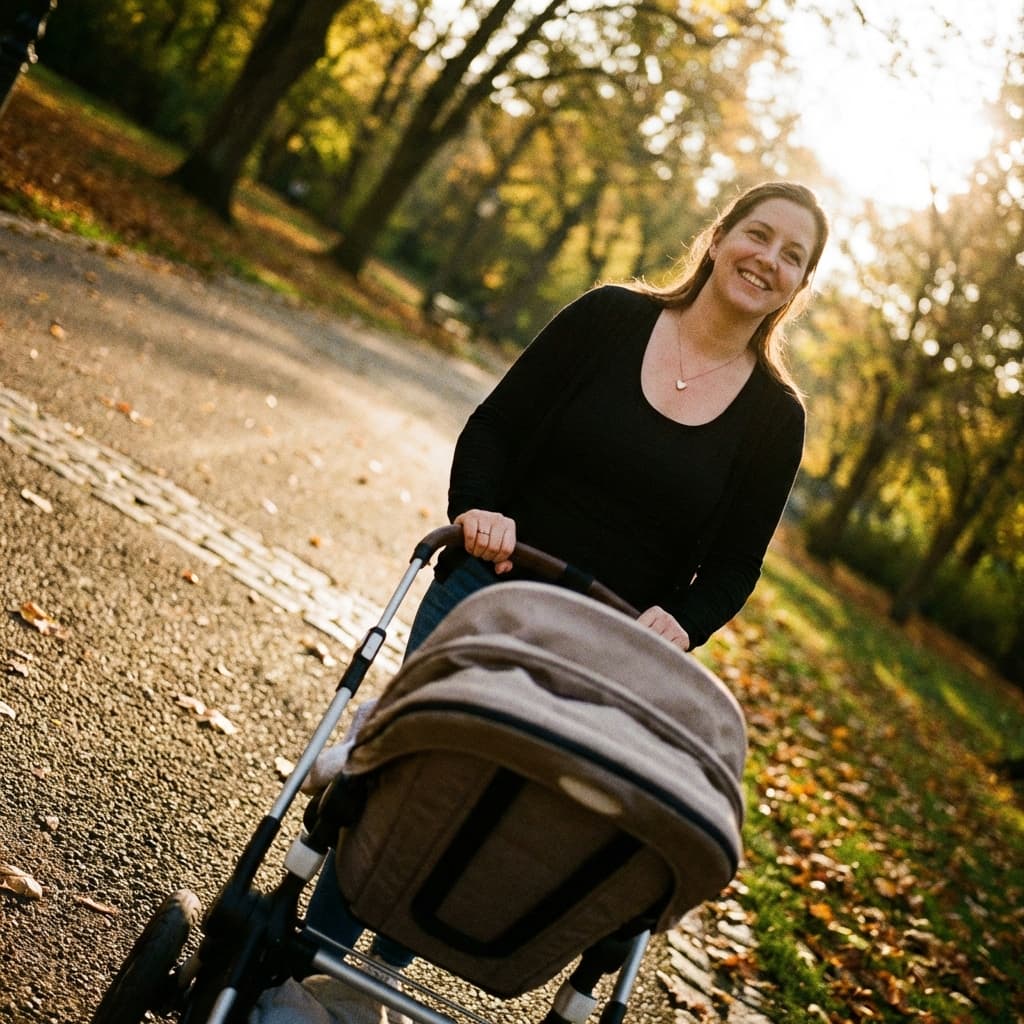 Lifestyle photo of a smiling mom wearing a heart pendant necklace while pushing a stroller in a sunlit park, promoting a diy breastmilk necklace making kit