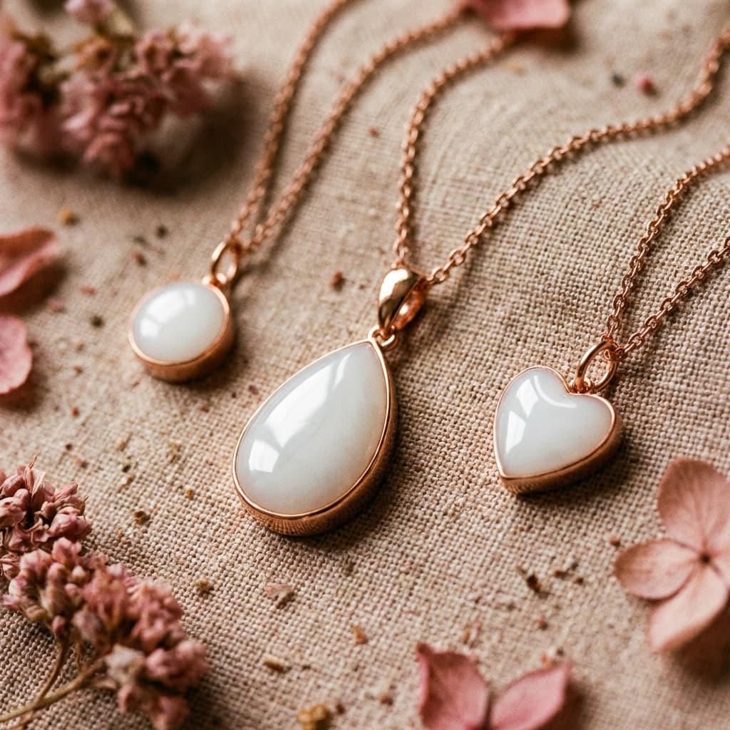 Rose gold pendants with milky white resin stones in teardrop, heart, and oval shapes displayed on linen with dried flowers, showing a finished keepsake made with a diy breastmilk necklace making kit.