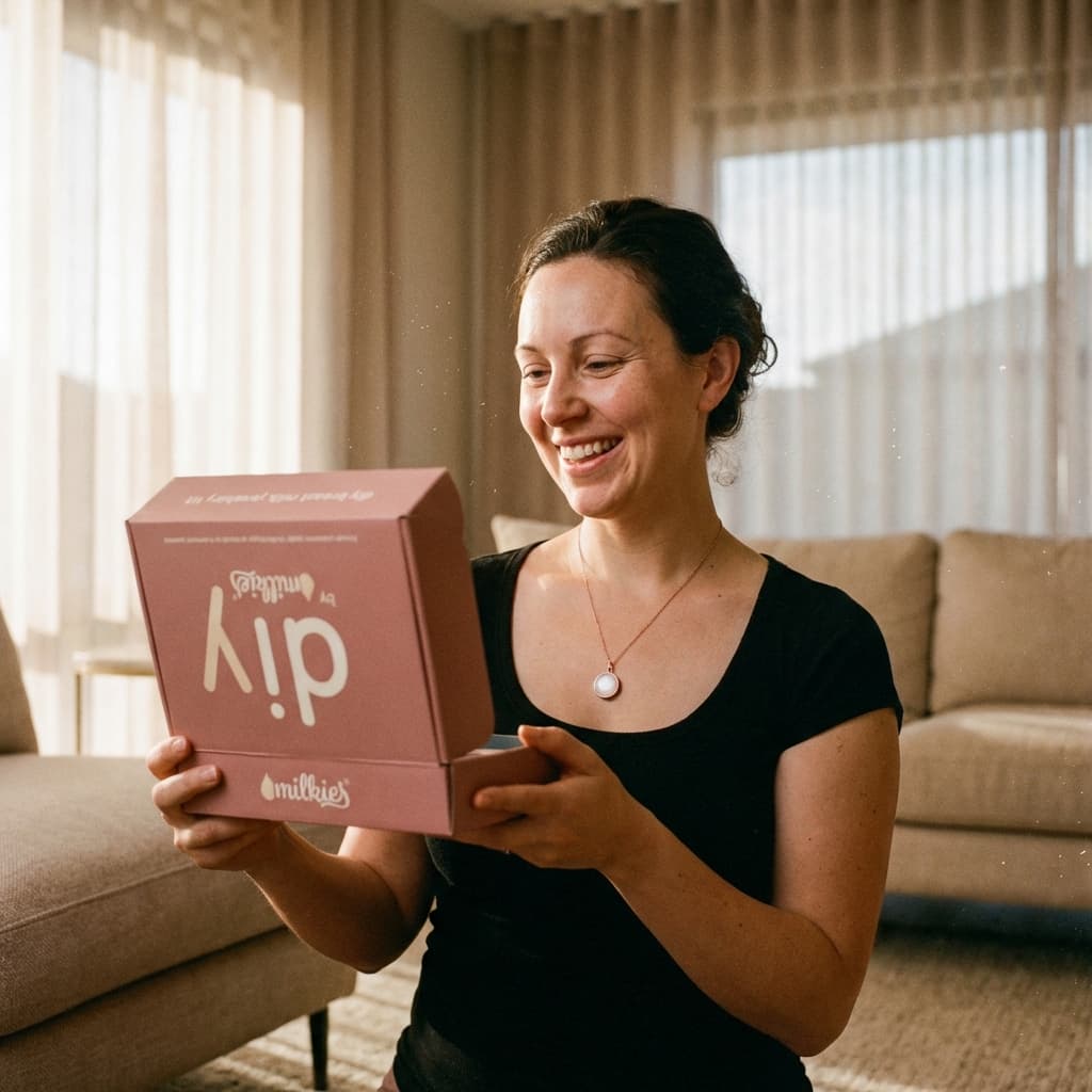 Smiling mom at home unboxing a Milkies DIY kit, showing why a diy breastmilk necklace making kit is a convenient, privacy-friendly way to create a meaningful keepsake.
