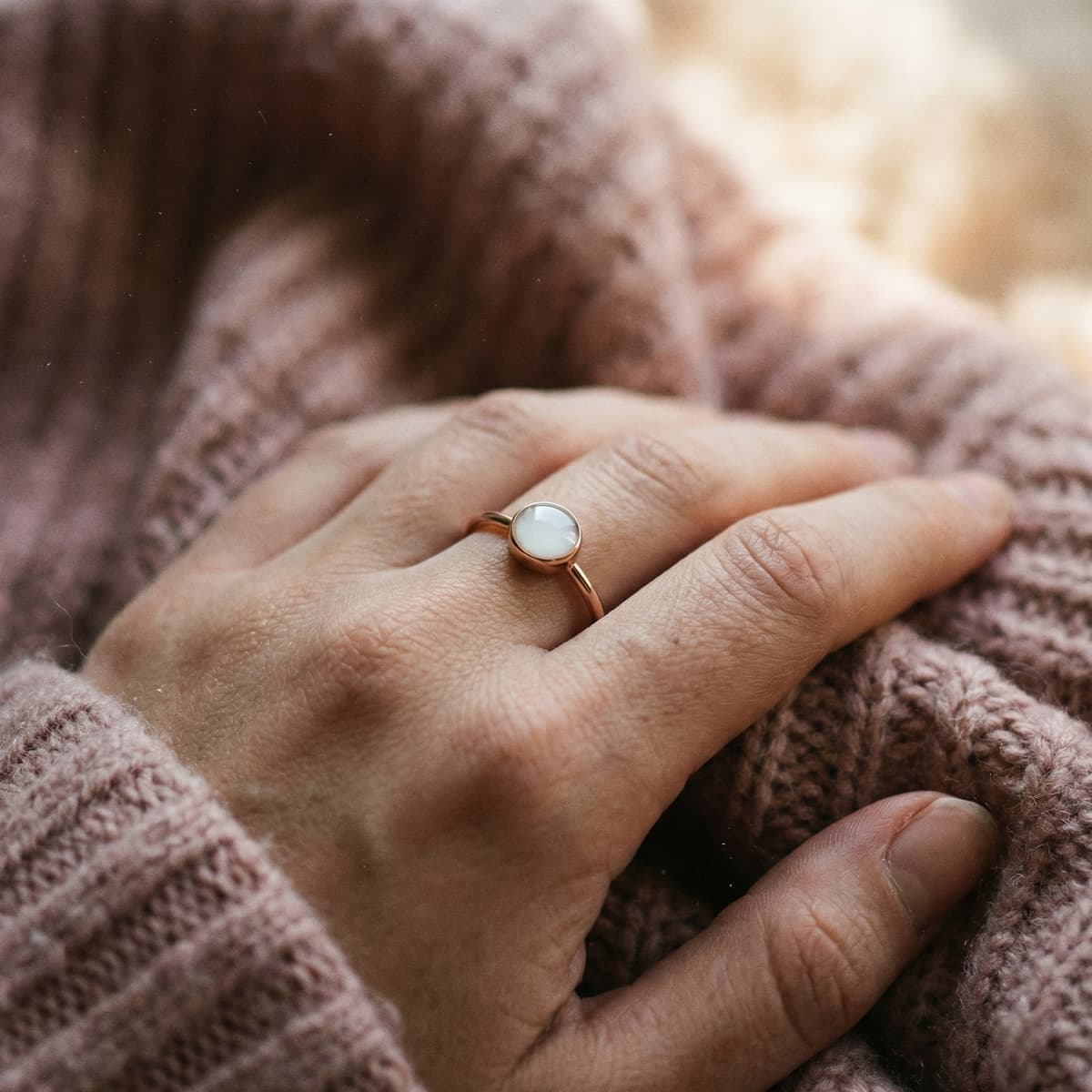 Hand wearing a minimalist gold ring with a milky white resin stone, showing the finished result from a diy breastmilk ring making kit against a soft knitted sweater background.