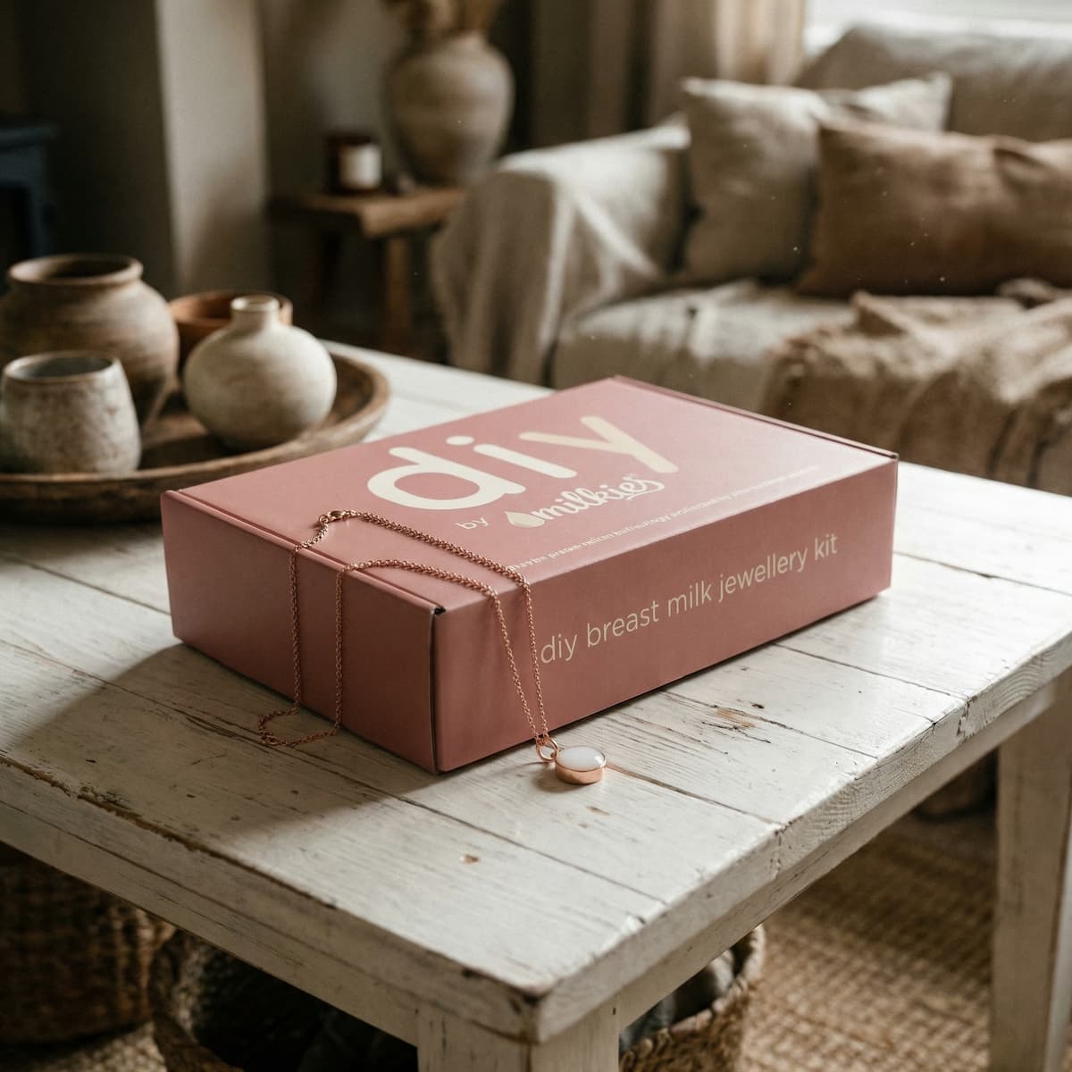 DIY by MILKIES breast milk jewelry kit box and rose-gold pendant necklace on a rustic wooden table, ideal for moms who want to make my own breastmilk jewelry at home.