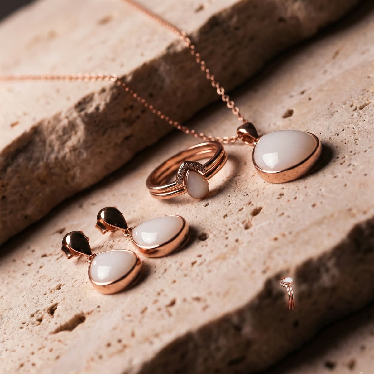 Rose-gold breastmilk jewelry set on a stone surface with teardrop pendant necklace, matching earrings, and ring for moms who want to make my own breastmilk jewelry at home as a timeless keepsake.
