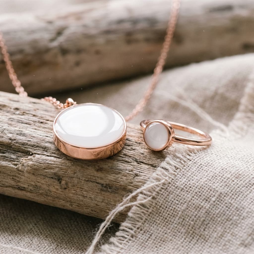 Rose-gold pendant necklace and matching ring with milky white resin stones displayed on rustic wood and linen, ideal for moms who want to make my own breastmilk jewelry at home.