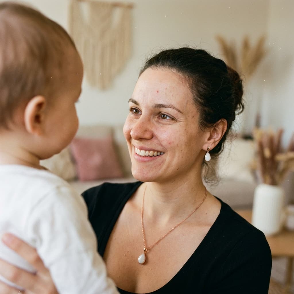 Smiling mom holding her baby at home, wearing matching milk-white pendant necklace and earrings—showing why a DIY keepsake kit is a meaningful way to make my own breastmilk jewelry in private.