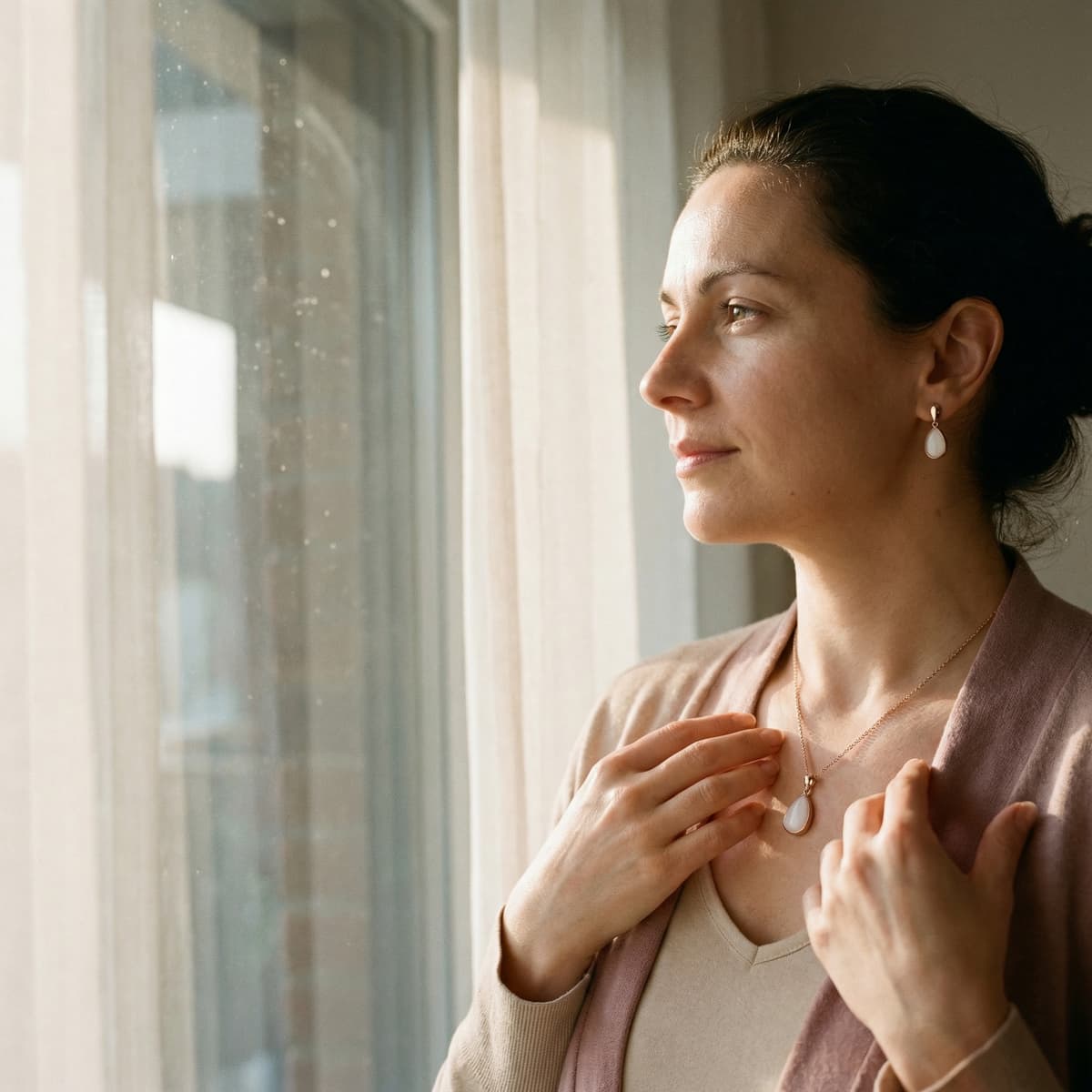 Mother standing by a window wearing matching teardrop pendant necklace and earrings, showing how to make your own breastmilk jewelry as a gold-toned keepsake set.
