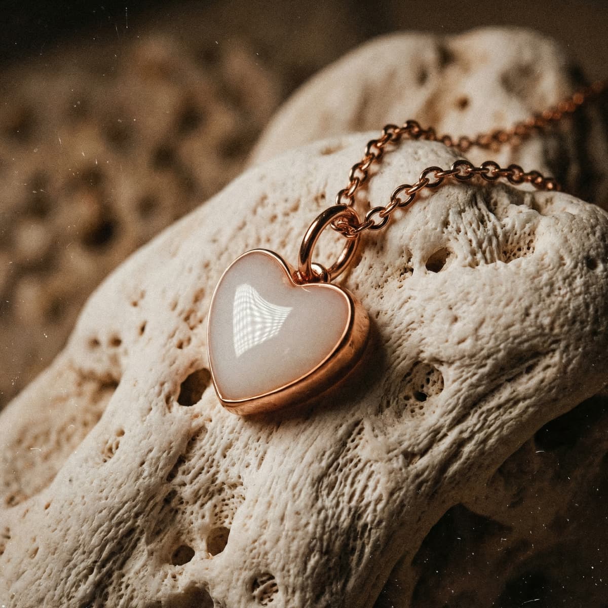Rose-gold heart pendant necklace with a milky white stone displayed on textured natural rock, a sentimental keepsake ideal as new mom gifts for pregnant women.