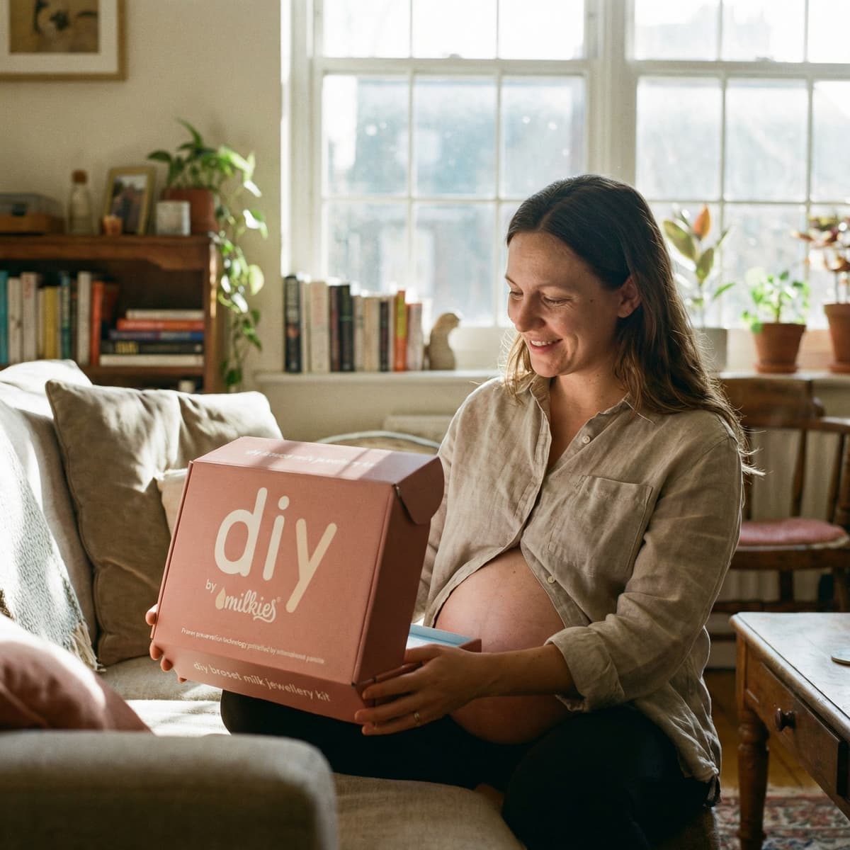 Smiling mom-to-be at home holding a DIY by MILKIES breast milk jewellery kit box, showing why this easy at-home keepsake kit is meaningful as new mom gifts for pregnant women.