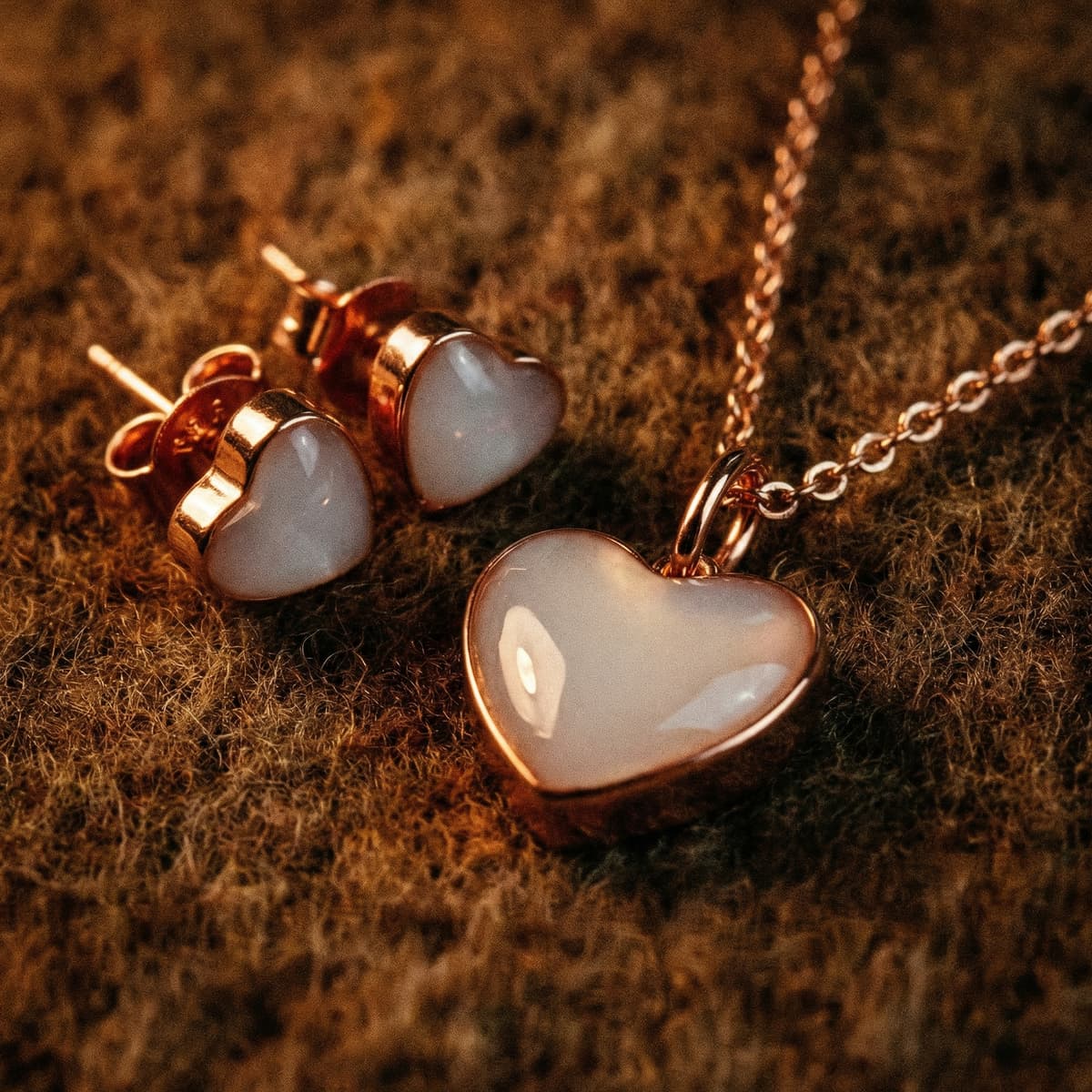 Heart-shaped breastmilk jewelry set with rose-gold necklace pendant and matching stud earrings on a soft brown textured background, designed as a stopping breastfeeding keepsake.