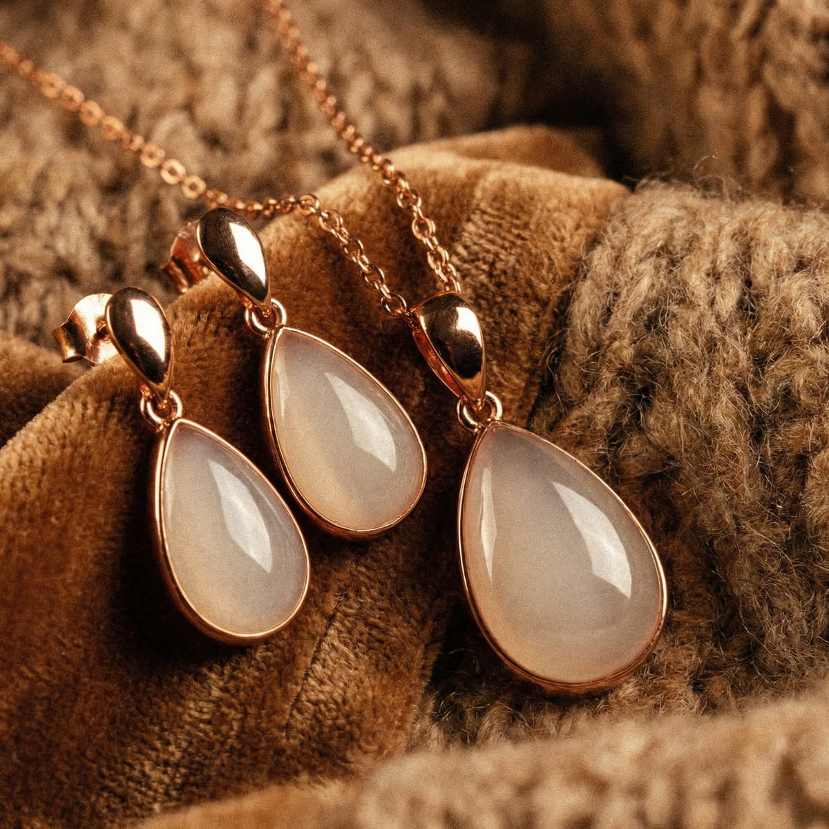 Rose gold teardrop necklace and matching earrings with milky-white resin stones, a stopping breastfeeding keepsake jewelry set displayed on soft knitted fabric.