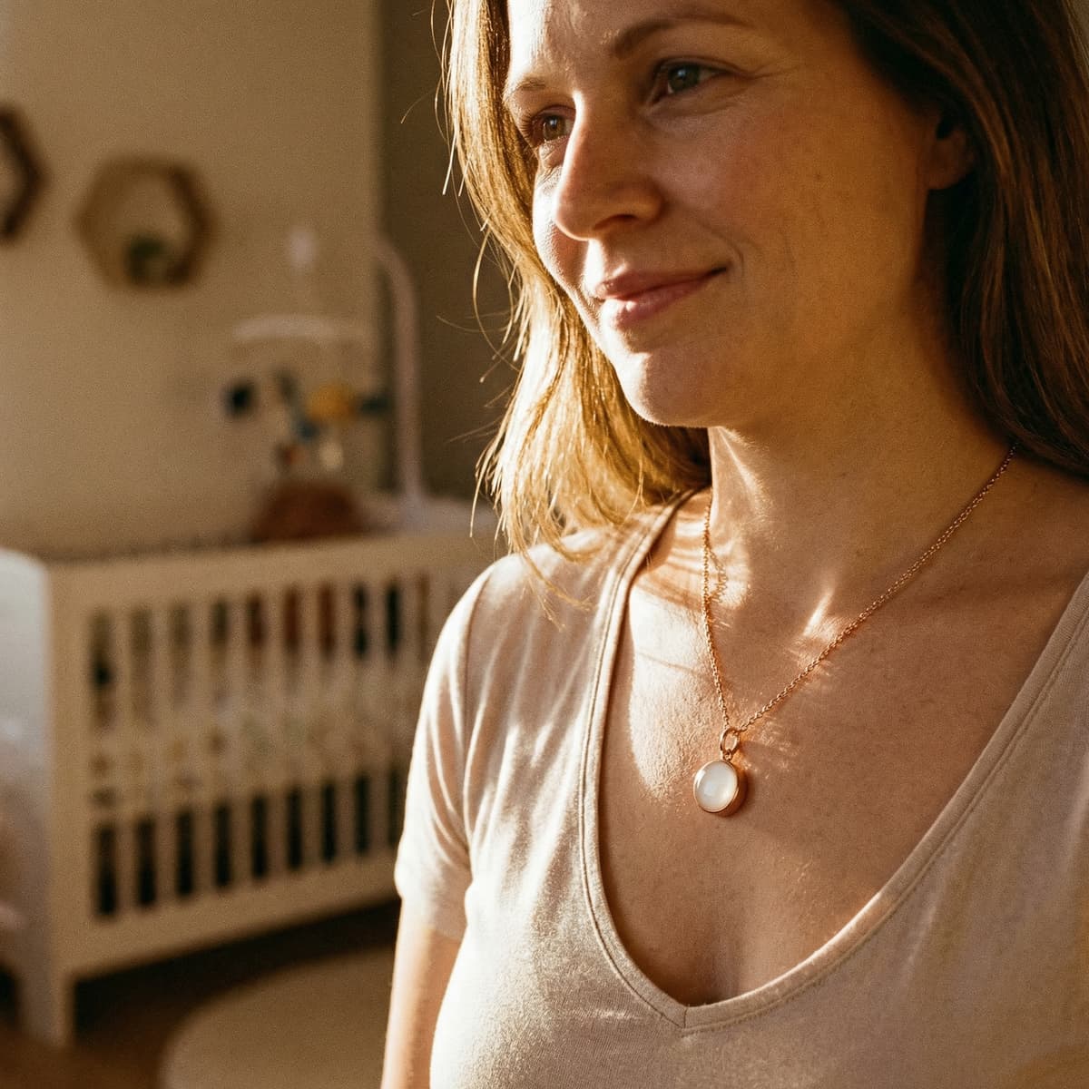 Smiling mother wearing a gold pendant with a milky white stone, a stopping breastfeeding keepsake that highlights why choosing the DIY by MILKIES at-home kit creates a personal memory at home.